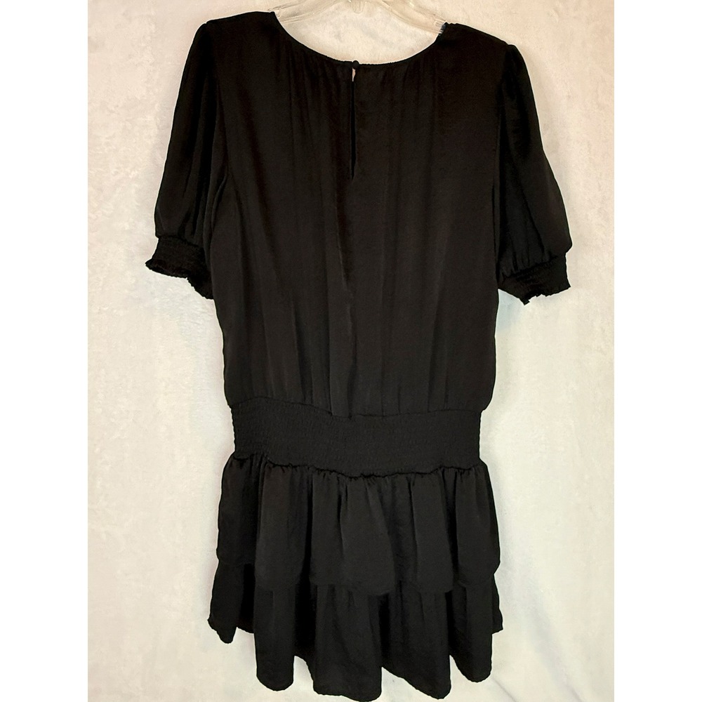 1.STATE Black Smocked Waist Tiered Mini Dress Black Size Large Puff Sleeve